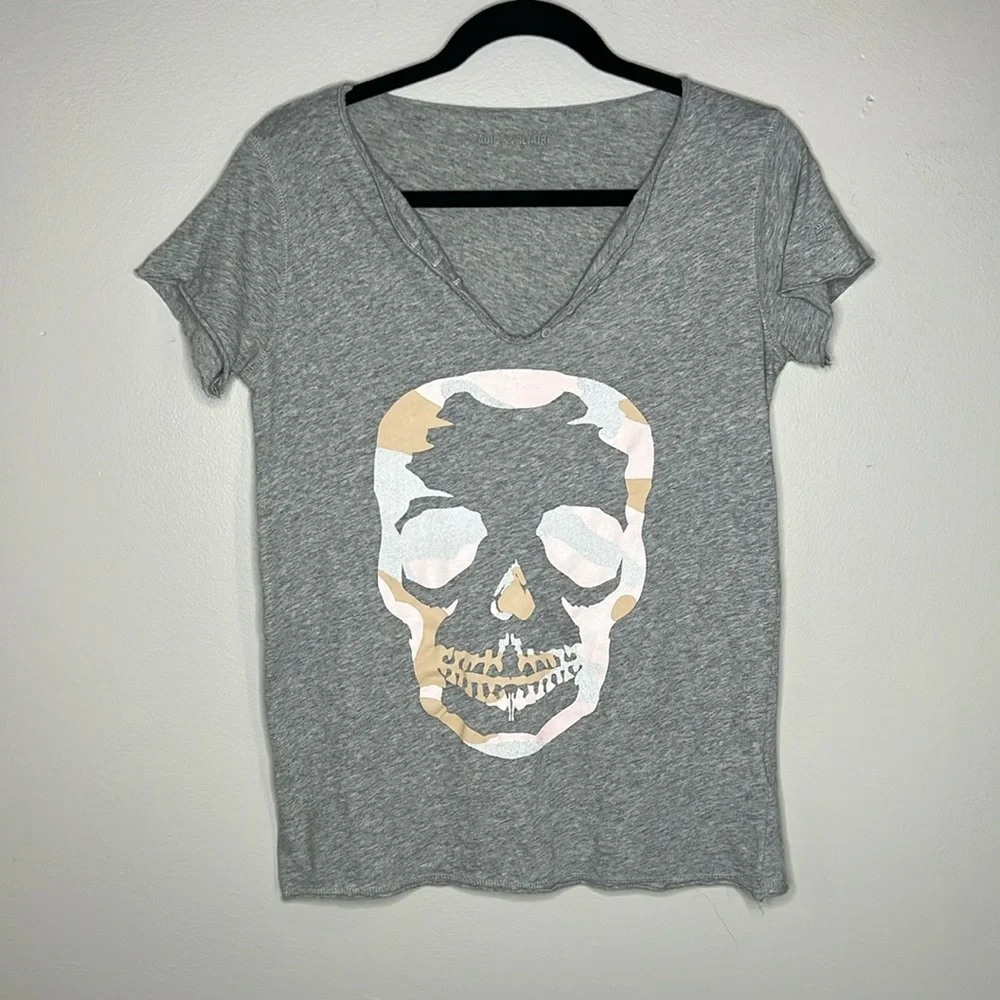 Zadig & Voltaire Tunisien Camo Skull Graphic Henley T-Shirt size Small - Picture 2 of 14